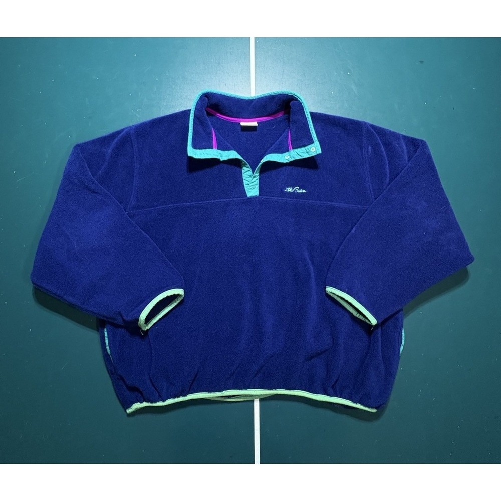 Vintage 90s LL Bean Snap Fleece Pullover Men's Large Blue Teal Hiking Made‎ USA